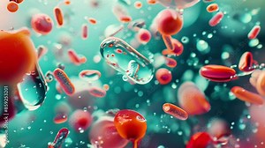 Close up footage of colorful bacteria and viruses in a liquid environment, showcasing the complexity of microbiology and cellular structures.