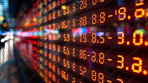 A vibrant stock market ticker shows dynamic financial data with changing numbers and prices, reflecting the energy of a bustling trading environment