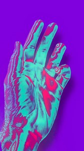 Psychedelic open palm hand with pink and blue colors