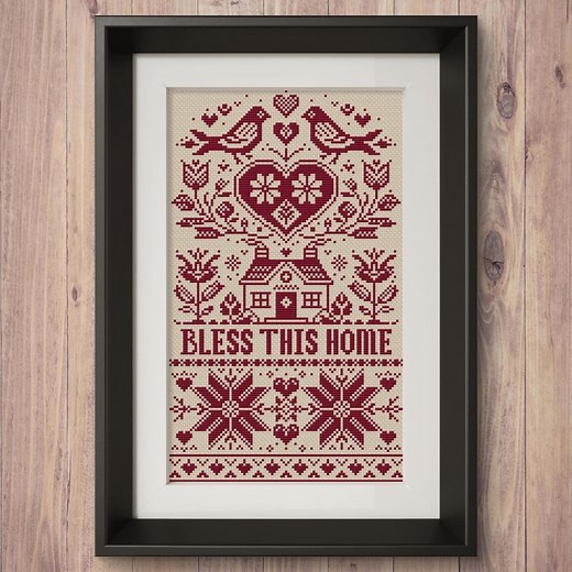 Bless This Home Cross Stitch Pattern, Folk House Sampler, Traditional American Primitive Embroidery, Farmhouse Decor PDF - Etsy