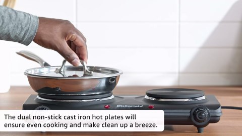 Elite Gourmet EDB-302BF Countertop Double Cast Iron Burner, 1500 Watts Electric Hot Plate, Temperature Controls, Power Indicator Lights, Easy to Clean, Black