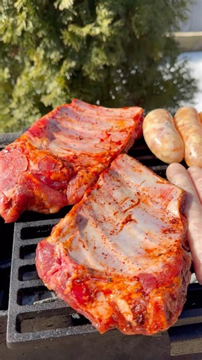 rack of pork ribs and sausages🔥 #grill #cooking #sausage #pork #bbq