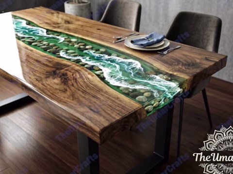 Walnut Epoxy River Dining Table | Green Ocean Resin Table | Live Edge Wood Table | Handmade Rectangular Dining Furniture - Etsy