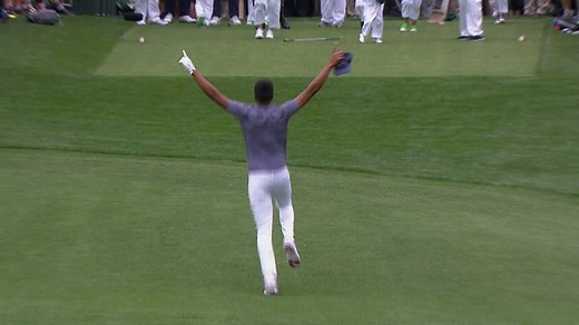 Finau contorts ankle celebrating hole-in-one