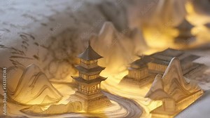 Illuminated paper pagoda and mountains create an artistic Asian landscape with warm glowing shadows, showcasing traditional architectural craftsmanship