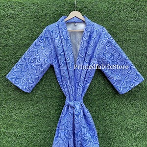 Cotton Quilted Kimono Robe Blue Japanese Wave Pattern Lightweight Bathrobe Soft Padded Robe Handmade Loungewear - Etsy