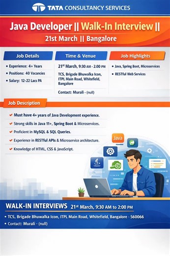 🚀 Java Developer Hiring @ Tata Consultancy Services | Walk-in on 21st March | #job #walkindrive