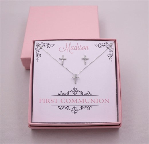 First Communion Gift, Cross Earrings, First Communion Jewelry, Communion Gift, Girls Cross Jewelry Set - Etsy