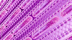 3d abstract animated background of seamless glassy pattern with different shapes on purple backdrop