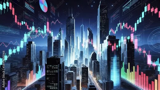Futuristic city skyline with holographic market candlestick charts and financial data visualization overlay. Digital trading analytics and cryptocurrency exchange graphs integrated with urban