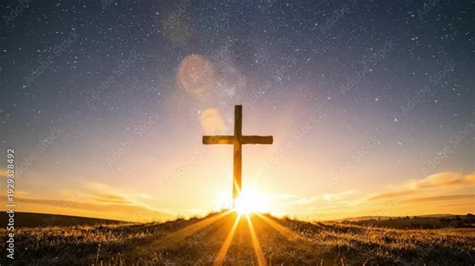 Majestic 4K Seamless Loop of a Cross on a Hill at Sunrise with Starry Sky Transition - Worship Background