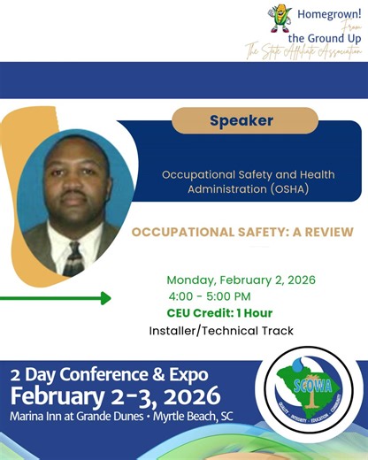 We’re excited to spotlight Joseph Crow with the Occupational Safety and Health Administration (OSHA) at the SCOWA Statewide 2-Day Conference & Expo! 🏛 Organization: Occupational Safety and Health Administration (OSHA) 📘 Session: Occupational Safety: A Review 📅 Monday, February 2, 2026 ⏰ 4:00 – 5:00 PM 📌 Installer/Technical Track 🎓 CEU Credit: 1 Hour Session Overview: This session provides a practical overview of workplace safety and health programs, focusing on employer responsibilities and