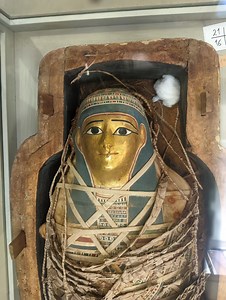 The image shows an ancient Egyptian mummy carefully wrapped in linen bandages and placed inside a wooden coffin, topped with a gilded funerary mask. This scene reflects ancient Egyptian burial rituals and their belief in the afterlife, where mummification and funerary masks were meant to protect the body and ensure eternity. #AncientEgypt #Mummy #EgyptianCivilization #Mummification #Archaeology #fblifestyle | Tutankh Amon