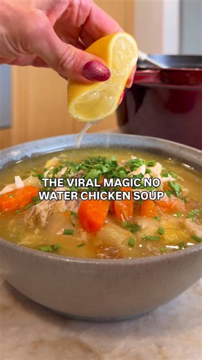 FOLLOW @kalejunkie for more! The VIRAL NO WATER CHICKEN SOUP is totally worth making! I’ve been pretty sick and the only thing that sounded good to me was chicken soup, so I decided to give it a go! My mind is actually blown. The juices from the veggies, fruits and chicken release under pressure, creating a thick, nourishing broth. Then you remove the chicken, shred it, and add it back to the pot and serve—it is total comfort food for the soul. There are different variations floating around but 