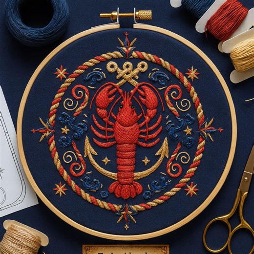 Nautical Lobster Embroidery Pattern • Modern Coastal Design (PDF Pattern) - Etsy