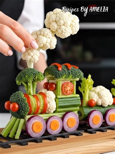 🚂 Choo-choo! All aboard the Veggie Express! 🥦🥕 This creative cauliflower-steam train is the ultimate healthy snack for the little ones! 🍅💨 #FoodArt #HealthySnack #KidsFoodIdeas #VeggieTrain #CreativeCooking | Recipes By Amelia