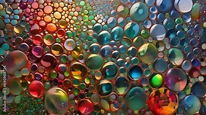 An intricate mosaic pattern of 3D bubbles in jewel tones of ruby red emerald green and sapphire blue.