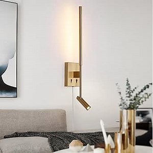 Modern Plug in Wall Sconce Indoor Ambient Lighting for Bedroom, Gold LED Wall Mounted Reading Lamp with Switch, Corded Minimalist Linear Wall Light with 5.9FT Clear Cord for Living Room Corner Hallway