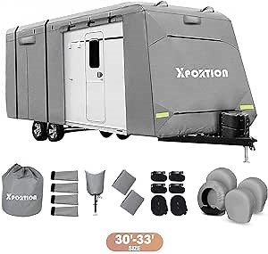 Travel Trailer Cover, XPORTION Upgraded Camper Cover, Windproof RV Cover Fits 30'- 33', Extra-Thick 4 Layers RV Trailer Cover, Anti-UV Travel Trailer RV Cover with Tongue Jack Cover, Gutter Covers