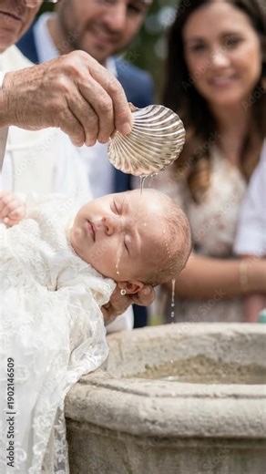 Priest pouring holy water on baby head during baptism ceremony in church. Christian rite of christening an infant over a stone font. Religious tradition and sacrament concept