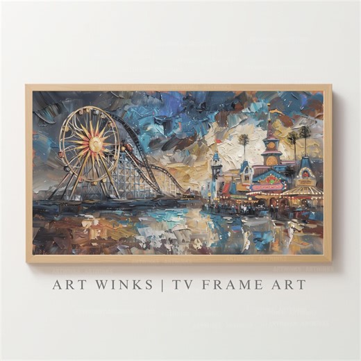 Vintage Disney Digital Download, Colorful Amusement Park Oil Painting Frame TV Art, Ferris Wheel Roller Coaster Theme Park, Carnival Ride - Etsy