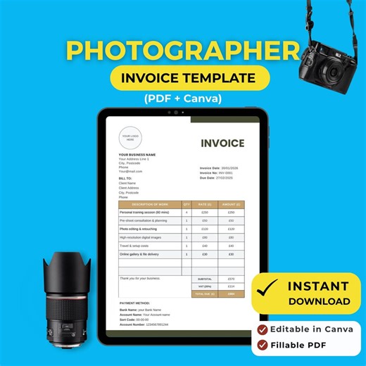 Photographer Invoice Template | Editable Canva   Fillable PDF | Photography Invoice | Instant Download - Etsy