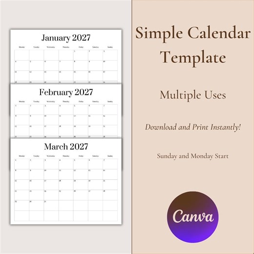 Simple Calendar Template | 2027 Calendar | 12 Month Calendar | Printable Calendar | Digital Calendar | Editable Calendar | Basic Calendar - Etsy Australia