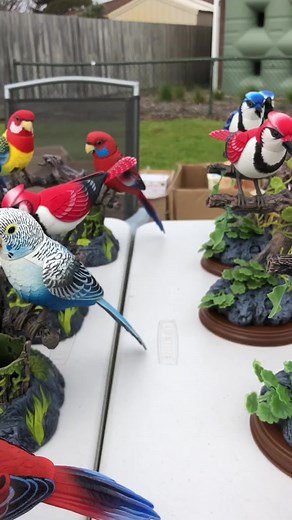 Vibrant Bird Figurines Displayed in Natural Setting