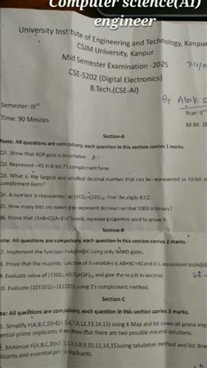 Btech(2025-26) CSE(AI) Digital electronic 2nd year mid semester exam paper....