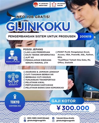 Tokutei Ginou Gratis on Instagram: "JOB GIJINKOKU - GRATIS!! Untuk informasi lebih lengkap, silahkan langsung menghubungi ke nomor Admin ya☺️ Informasi & Pendaftaran: ☎️0813-9285-8449 (Admin Dinda) #Gijinkoku #Tokuteiginou #Tokuteiginougratis #TG #JobTG #Japan #Jepang #SSW"