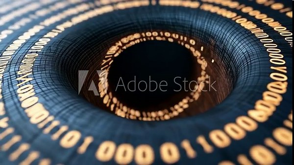 Exploration of a digital vortex with flowing binary numbers, representing data and technology in motion