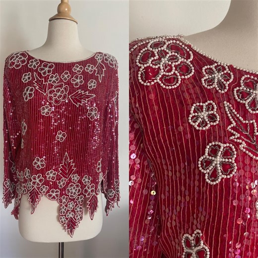Vintage 1980s 100% Silk Red and White Beaded Sequin Flower, Leaf Jagged Edge Scalloped Edge Long Sleeve Top Medium/large - Etsy UK