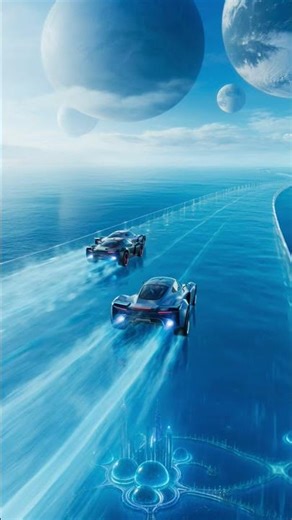 Hover Cars Racing Above an Ocean Planet 🌊🚀 Futuristic 4K Sci Fi Vertical Short