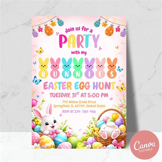 Easter Bunny Invitation Template, Easter Egg Hunt Party Invite, Canva Editable Printable Download - Etsy