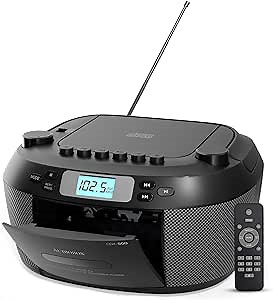 Audiobox Portable CD & Cassette Player, Bluetooth 5.3 Boombox, AM/FM Radio, USB, MicroSD, AUX Input, Dual, with Remote Control – Black