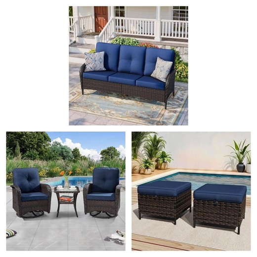 JOYSIDE Brown Wicker Patio Set with Blue Cushions: Ottoman (Set of 2), Rocking Swivel Chairs and 3-Seat Couch - The Home Depot