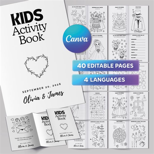 Personalized Wedding Coloring Pages, Canva Template, 40 Editable Activity Pages for Kids, Printable Wedding Booklet - Etsy