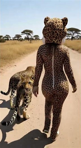 Friendly Leopards Meet a Woman in a Leopard Costume