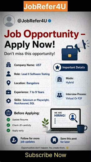 🔥 UST Hiring Lead Software Tester | 7–9 Years Experience | Bangalore Job #jobrefer4u #usthiring #job