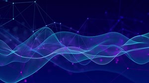 Digital waves Technology, engineering, science and artificial intelligence background. Crypto currency, big data, block chain. internet of things wireframe equalizer. particle pulsing. energy flow