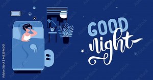 Happy woman sleeping in the bedroom at night with a fully charged battery and sleeping mask. Healthy sleep concept. Good night lettering. Good work of biological rhythms. Animation. 4K video
