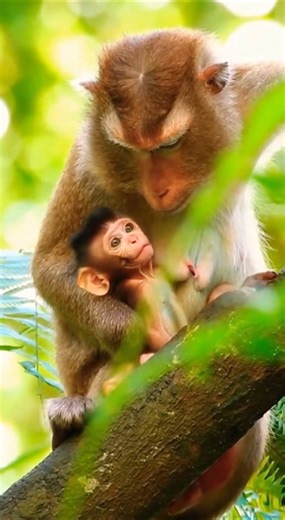 A mother macaque spots a mosquito on her baby's cheek and overreact