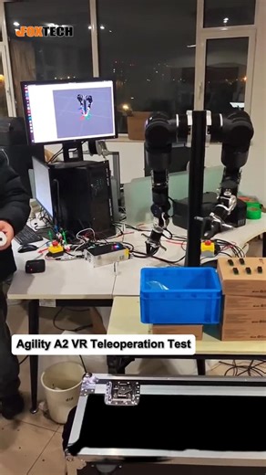 Foxtechhobby on Instagram: "Watch this demonstration of an Agility A2 VR Teleoperation Test, showcasing precise control of a robotic arm. This system allows for remote manipulation, enabling the robot to pick up and place objects with ease. Utilizing open-source technology, it’s a perfect example of advanced robotics in action, demonstrating the capabilities of industrial robot arm teleoperation. #ai #bostondynamics #machinelearning #roboticarm #artificialintelligence #automation #industrialrobo