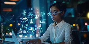 Female system administrator working on laptop performing various tasks to fix software bugs and glitches in IT company, holographic icons popping up in the air show innovation. Stock Video