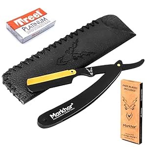 Markhor® Straight Razors for Men with 100 Single Edge Razor Blades | Matte Black with 24k Gold Platted Barber Straight Razor | Straight Edge Razor | Barber Razor Blade | Navajas Para Barbero