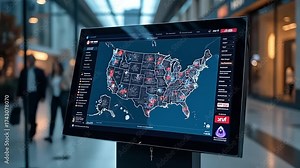 Interactive display showing a map of the United States with highlighted areas in a modern setting