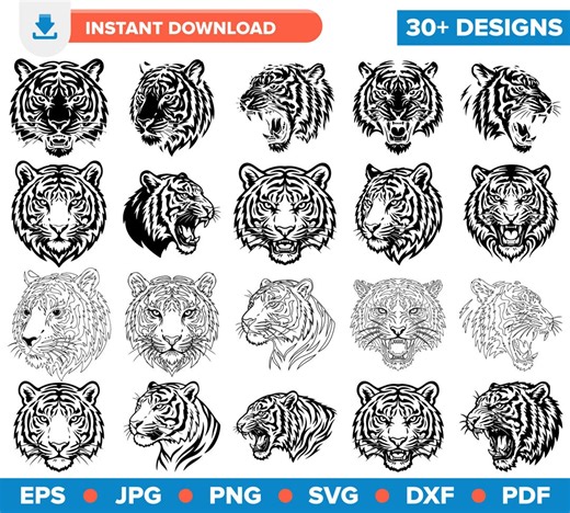 Tiger Head SVG Bundle, Roaring Tiger PNG Clipart, Tiger Face Silhouette, Wild Animal Vector, Big Cat Cricut Silhouette Cut File - Etsy