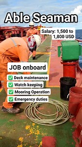 AB (Able Seaman) Job Description Onboard: 1. Deck Maintenance Pagpipintura, pagli-linis, chipping, scaling, at greasing. Pag-aalaga sa hull, deck, at fittings para maiwasan ang kalawang at pagkasira. 2. Watchkeeping Tumutulong sa Officer of the Watch (OOW) sa bridge bilang lookout o helmsman (pagmamaniobra ng manibela ng barko). Gumagawa ng night watch at day watch sa deck. 3. Mooring and Unmooring Operations Tumutulong sa paghawak ng mga mooring lines habang dumadaong o umaalis ang barko sa pie