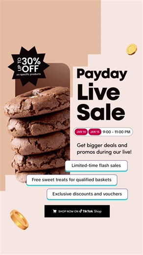 Two nights. Bigger payday deals 🍪🔥 Catch us live on January 14 and 15, 9–11 pm, and score bigger deals, exclusive discounts, and sweet freebies. #DripandBites #PaydayLiveSale