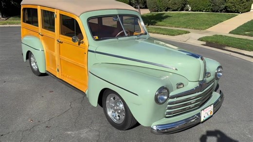PRICE REDUCED ❇️❇️❇️ ➡️ Visit opposingcylinders.com for complete photo gallery. 1946 Ford Woodie Wood by Mike Nickels, Traverse City, Michigan. German all weather Hartz cloth top. Teas leather seats. Rear seat cut down 2in for proper fit. German square weave carpets and floor mats. Working cowl vent. Southern Air AC with remote condenser and fan. Rod Tech gauge panel. Auto Meter gauges with custom adaptors. Modified dash for AC controls. Flaming River tilt column. Billet Specialties banjo wheel.
